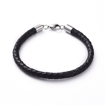 Unisex Braided Leather Cord Bracelets, with 304 Stainless Steel Lobster Claw Clasps, Stainless Steel Color, 7-1/2 inch(19cm), 5mm