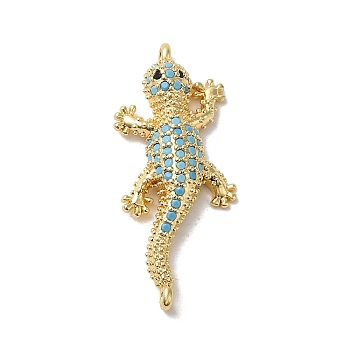 Rack Plating Brass Micro Pave Turquoise Color Cubic Zirconia Connector Charms, Gecko Links, Long-Lasting Plated, Lead Free & Cadmium Free, Real 18K Gold Plated, 33x14x4.5mm, Hole: 1.2mm