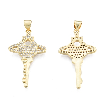 Brass Micro Pave Clear Cubic Zirconia Pendants, Planet Key, Real 18K Gold Plated, 32x19x2mm, Hole: 3.5x4mm
