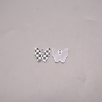 Alloy Enamel Pendants, Butterfly with Grid Pattern, Platinum, Black, 17x18x1.5mm, Hole: 2mm
