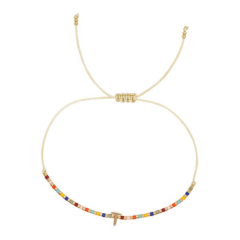 Bohemian Style Brass Charm Bracelets, Glass Seed Bead Braided Bead Bracelets for Women, Letter, Golden, Letter T, 11.02 inch(28cm)