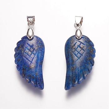 Dyed & Synthetic Lapis Lazuli Pendants, Wing, Platinum, 29x15x6mm, Hole: 4mm