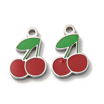 304 Stainless Steel Enamel Charms, Cherry Charms, Stainless Steel Color, Dark Red, 10x7x1mm, Hole: 1.2mm