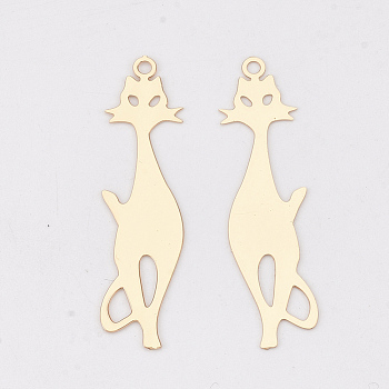 Brass Kitten Pendants, Etched Metal Embellishments, Long-Lasting Plated, Cat Silhouette Shape, Light Gold, 35.5x9x0.3mm, Hole: 1.5mm