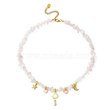 Alloy Enamel & 304 Stainless Steel & Brass Bib Necklace with Natural Rose Quartz Chip Beaded Chains(NJEW-JN04434)-2