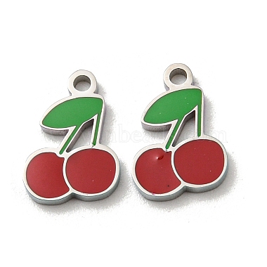 Stainless Steel Color Dark Red Cherry Stainless Steel+Enamel Charms
