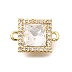 Brass Micro Pave Clear Cubic Zirconia and Glass Connector Charms, Square Links, Real 18K Gold Plated, 9x13x5mm, Hole: 1.2mm(KK-N289-15G)