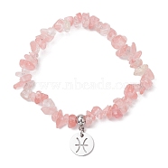 Synthetic Cherry Quartz Glass Chip Beaded Stretch Bracelets, 304 Stainless Steel Pisces Charm Bracelets for Women, Inner Diameter: 1-7/8~2-1/4 inch(4.8~5.7cm)(BJEW-JB11133-02)