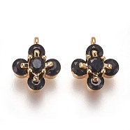 Brass Cubic Zirconia Charms, Nickel Free, Real 18K Gold Plated, Flower, Black, 10x7.5x4mm, Hole: 1mm(X-ZIRC-Q002-152G-01)