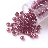 12/0 Grade A Round Glass Seed Beads, Transparent Colours Lustered, Tomato, 2x1.5mm, Hole: 0.3mm, 3800pcs/50g(X-SEED-Q011-F508)
