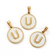 Vacuum Plating 304 Stainless Steel with White Shell Pendants, Golden, Flat Round with Letter Charm, Letter.U, 18x16x1.5mm, Hole: 3x6mm(STAS-G268-01U-G)