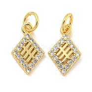 Rack Plating Brass Micro Pave Clear Cubic Zirconia Pendants, Long-Lasting Plated, with Jump Rings, Lead Free & Cadmium Free, Rhombus, Real 18K Gold Plated, 13x8x1.5mm, Hole: 3mm(KK-B093-08G)