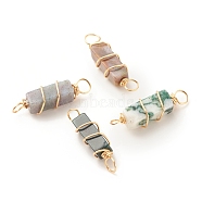 Natural Indian Agate Connector Charms, with Golden Tone Copper Wire Wrapped, Cuboid, 22~23.5x6~7x5.5~6mm, Hole: 2.5~3.2mm(PALLOY-JF01580-02)