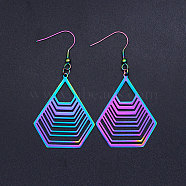 201 Stainless Steel Dangle Earrings, Polygon, Rainbow Color, 64x32.5mm, Pin: 0.7mm(STAS-S105-JN422)