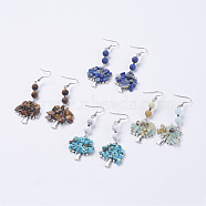 Natural & Synthetic Gemstone Dangle Earrings, with Brass Earring Hooks, Tibetan Style Pendants, Tree, 67mm, Pin: 0.6mm(EJEW-JE02633)