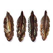 Natural Freshwater Shell Pendants, Dyed, Carved, Feather, Goldenrod, 42~43x12~13x4.5mm, Hole: 1.5mm(SHEL-R113-15D)