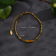 Natural Tiger's Eye Beads Stretch Bracelets for Women Men, with Non-magnetic Hematite Beads, Real 18K Gold Plated, Cone, 6-3/4 inch(17cm)(PH6456-4)