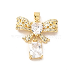 Rack Plating Brass Micro Pave Cubic Zirconia Pendants, Cadmium Free & Lead Free, Bowknot with Rectangle, Real 18K Gold Plated, 24x24x6mm, Hole: 3x5mm(KK-B068-09G)
