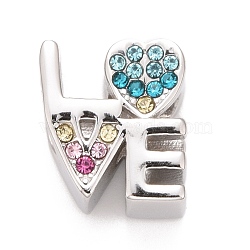 304 Stainless Steel European Beads, with Colorful Rhinestone, Large Hole Beads, Word Love, Stainless Steel Color, 12.5x11x7.5mm, Hole: 5mm(STAS-I194-01P)