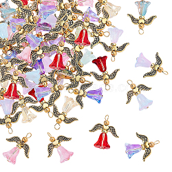 40Pcs 10 Colors Glass Pendants, Angel, with Antique Golden Tibetan Style Alloy Wing Beads & Loop, Mixed Color, 23.5x20x6mm, Hole: 2.5x3mm, 4pcs/color(PALLOY-AR00036)
