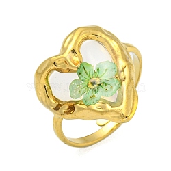 Brass Adjustable Rings for Women, Cadmium Free & Lead Free, with Epoxy Resin & Dried Flower inside, Real 18K Gold Plated, Heart, 20mm, Inner Diameter: 17mm(RJEW-G265-10G-C01)