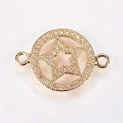 Brass Micro Pave Cubic Zirconia Pentacle Links, Clear, Nickel Free & Lead Free & Cadmium Free, Flat Round with Star, Colorful, Golden, 14x20.5x2mm, Hole: 1mm(ZIRC-E139-13B-G-NR)