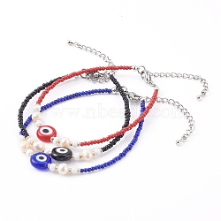 Glass Seed Beaded Bracelets, with Natural Pearl Beads and Evil Eye Lampwork Beads, Mixed Color, 7-1/8 inch(18cm)(BJEW-JB05967)
