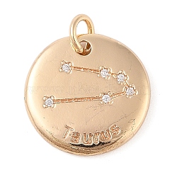 Brass with Clear Cubic Zirconia Pendants, with Jump Rings, Flat Round, Taurus, 15.5x2mm, Hole: 3.5mm(KK-N256-24B-G)