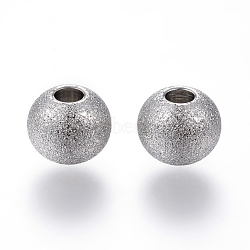 201 Stainless Steel Textured Beads, Round, Stainless Steel Color, 8x7mm, Hole: 3mm(X-STAS-P108-05P)