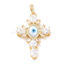 Rack Plating Brass Micro Pave Clear Cubic Zirconia, with Rhinestone, Cadmium Free & Lead Free, Long-Lasting Plated, Cross with Evil Eye, Real 18K Gold Plated, 47x30x6mm, Hole: 6.5mm(KK-M227-12G)