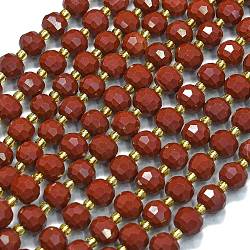 Natural Red Jasper Beads Strands, with Seed Beads, Faceted, Lantern, 8~8.5x6.5~7mm, Hole: 0.6mm, about 44pcs/strand, 15.16 inch(38.5cm)(G-K389-E76-01)