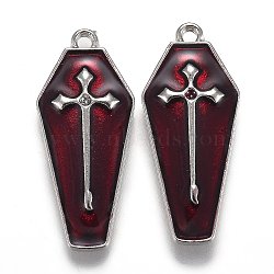 Halloween Theme Alloy Enamel Pendants, Red Coffin with Cross, Platinum, 25.5x11x3mm, Hole: 1.2mm(ENAM-J649-14P-02)