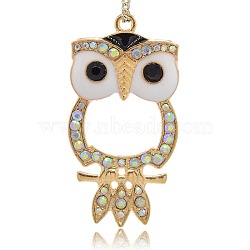 Shining Golden Plated Alloy Rhinestone Owl Big Pendants for Halloween Jewelry, with Enamel, Crystal AB, 57x29x4mm, Hole: 3mm(RB-J202-28G)