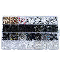 DIY 28 Style Resin & Acrylic & ABS Beads Jewelry Making Finding Kit, Flat Round & Rice & Barrel & Nugget & Heart & Strip, Black, 5.5~18.5x7~14x2~12x1.5~11mm, Hole: 0.7~2mm(DIY-NB0012-03B)