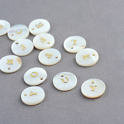 Freshwater Shell Pendants, Flat Round with Gold Blocking Letter, Random Letter A~Letter Z, Mixed, 11.5x2mm, Hole: 1.5mm(X-SSHEL-S249)