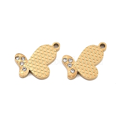 Ion Plating(IP) 304 Stainless Steel Rhinestone Pendants, Butterfly Charm, Golden, 15x10.5x2mm, Hole: 1.5mm(STAS-S140-29G)