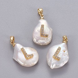 Natural Cultured Freshwater Pearl Pendants, with Brass Micro Pave Cubic Zirconia Findings, Nuggets with Letter, Long-Lasting Plated, Golden, Clear, Letter.L, 17~27x12~16x6~12mm, Hole: 4x2.5mm(KK-L187-A-01L)