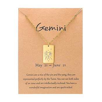 Twelve Constellations Pendants Necklaces, Stainless Steel Necklaces, Golden, Gemini, 15.75 inch(40cm)