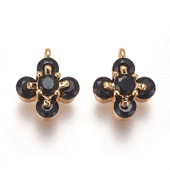 Brass Cubic Zirconia Charms, Nickel Free, Real 18K Gold Plated, Flower, Black, 10x7.5x4mm, Hole: 1mm