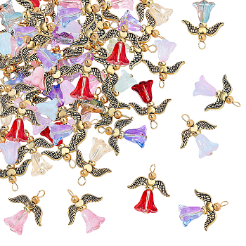 40Pcs 10 Colors Glass Pendants, Angel, with Antique Golden Tibetan Style Alloy Wing Beads & Loop, Mixed Color, 23.5x20x6mm, Hole: 2.5x3mm, 4pcs/color