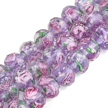 Handmade Luminous Lampwork Beads Strands, Rondelle, with Inner Flower, Faceted, Lilac, 9~10x7~8mm, Hole: 1~1.6mm, about 40pcs/strand, 12.01 inch(30.5cm)