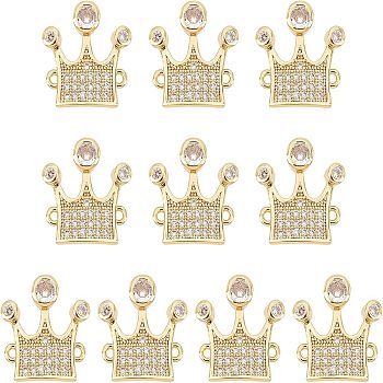 Nbeads 10Pcs Brass Micro Pave Clear Cubic Zirconia Links, Crown, Real 18K Gold Plated, 17x17.5x3mm, Hole: 1.2mm