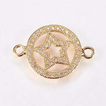 Brass Micro Pave Cubic Zirconia Pentacle Links, Clear, Nickel Free & Lead Free & Cadmium Free, Flat Round with Star, Colorful, Golden, 14x20.5x2mm, Hole: 1mm