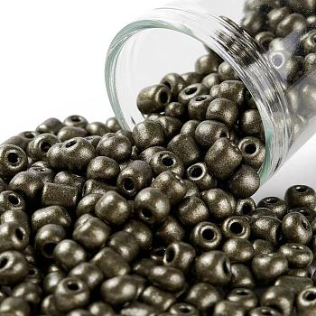 6/0 Glass Seed Beads, Metallic Colours Style, Round, Dark Olive Green, 6/0, 4mm, Hole: 1.5mm, about 4500pcs/pound