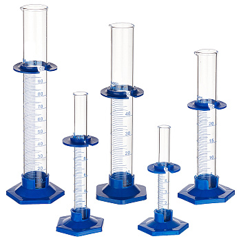 5Pcs 5 Style Glass Graduated Measuring Cylinder, Lab Supplies, Blue, 49.5~67x56~75.5x116~248mm, Inner Diameter: 10~27mm, Capacity: 5~100ml(0.17fl. oz~3.38fl. oz), 1pc/style