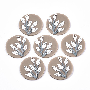 Acrylic Pendants, 3D Printed, Flat Round with Flower Pattern, Camel, 28x2mm, Hole: 1.6mm