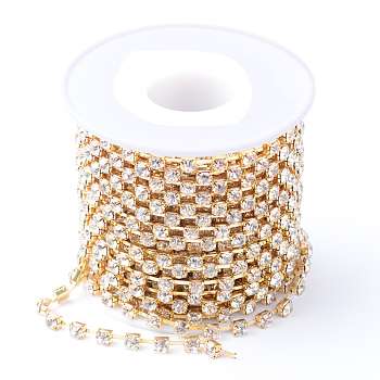 Brass Rhinestone Strass Chains, with Spool, Rhinestone Cup Chains, Raw(Unplated), Nickel Free, Crystal, 2.8mm, about 10yards/roll