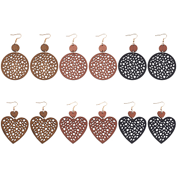 6 Pairs 6 Styles Wood Dangle Earrings with Iron Earring Pins, Hollow Heart & Flat Round, Mixed Color, 83~89x49.5~51.5mm, 1 Pair/style