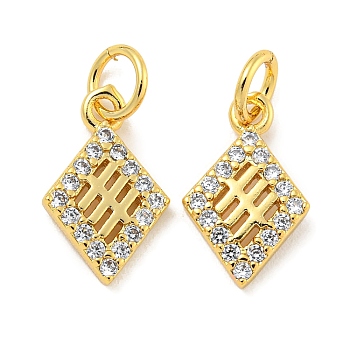 Rack Plating Brass Micro Pave Clear Cubic Zirconia Pendants, Long-Lasting Plated, with Jump Rings, Lead Free & Cadmium Free, Rhombus, Real 18K Gold Plated, 13x8x1.5mm, Hole: 3mm