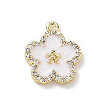 Brass Micro Pave Clear Cubic Zirconia and Enamel Pendants, Flower Charms, Rack Plating, Long-Lasting Plated, Cadmium Free & Lead Free, Real 18K Gold Plated, White, 15.5x13.5x2.5mm, Hole: 1.4mm